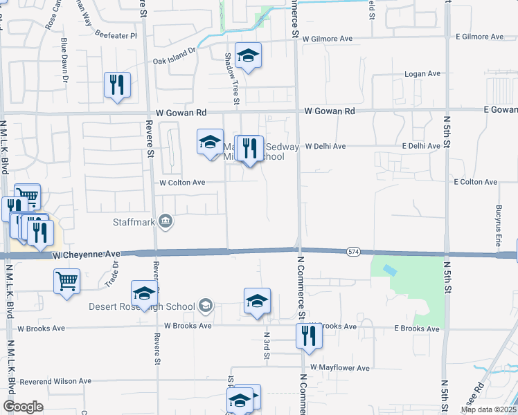 map of restaurants, bars, coffee shops, grocery stores, and more near Englestad Street in North Las Vegas