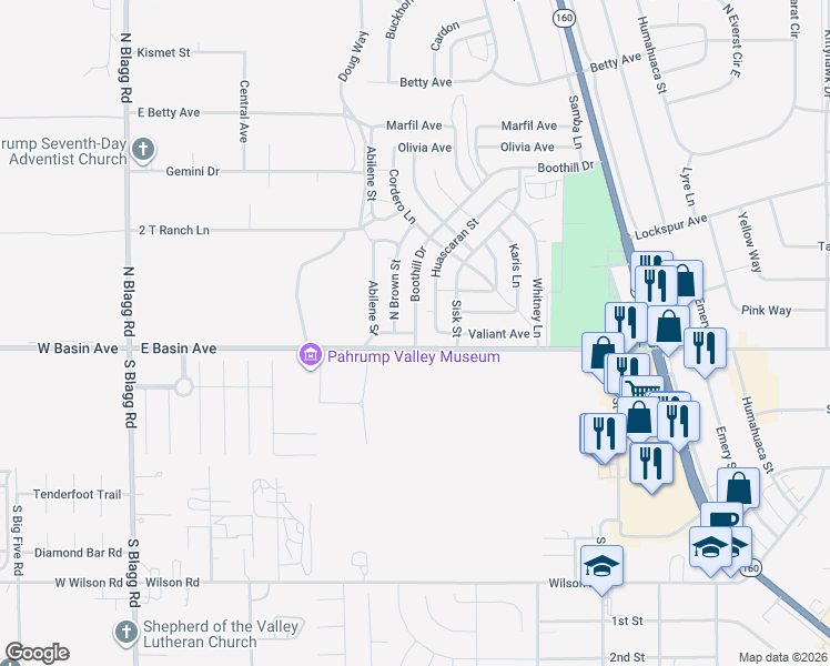 map of restaurants, bars, coffee shops, grocery stores, and more near 2 Boothill Drive in Pahrump