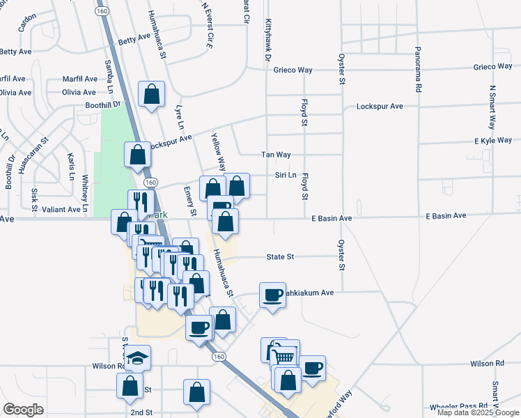 map of restaurants, bars, coffee shops, grocery stores, and more near 1480 East Basin Avenue in Pahrump