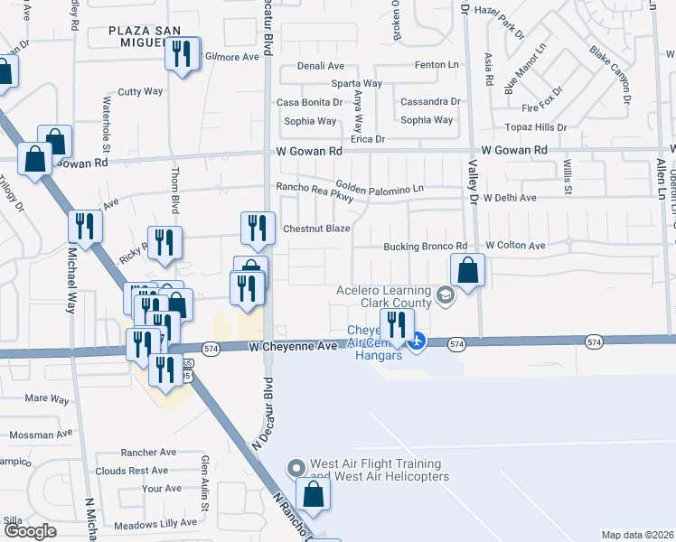 map of restaurants, bars, coffee shops, grocery stores, and more near 3327 Strawberry Roan Road in North Las Vegas