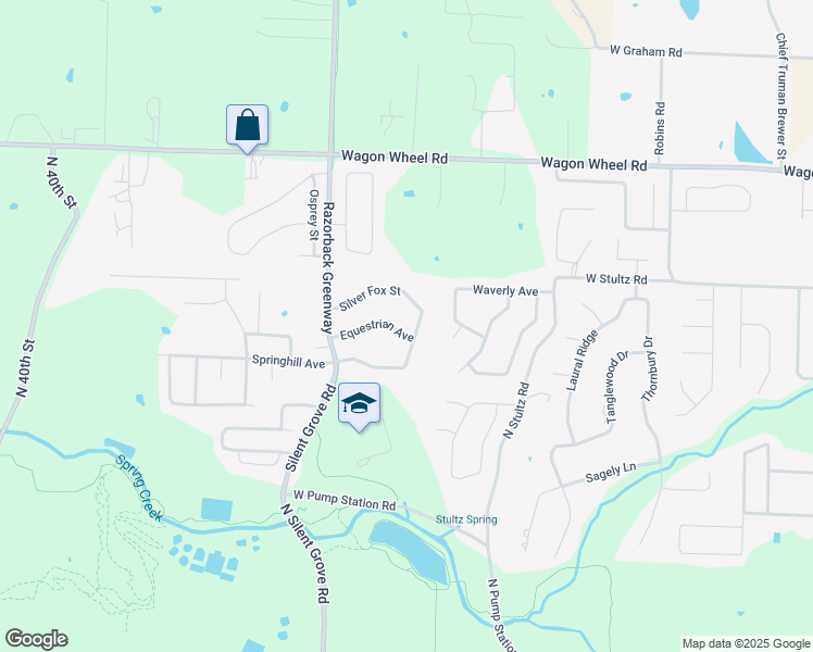 map of restaurants, bars, coffee shops, grocery stores, and more near 3876 Silver Fox Street in Springdale
