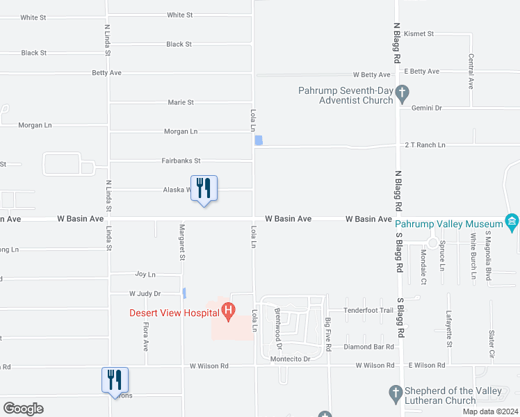 map of restaurants, bars, coffee shops, grocery stores, and more near 470 West Basin Avenue in Pahrump
