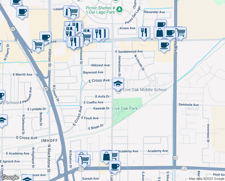 map of restaurants, bars, coffee shops, grocery stores, and more near 980 North Laspina Street in Tulare