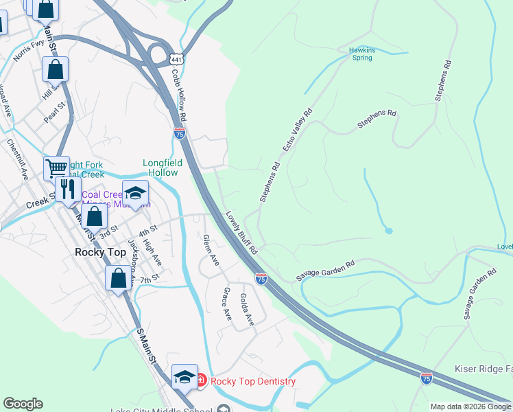 map of restaurants, bars, coffee shops, grocery stores, and more near 1010 Lovely Bluff Road in Rocky Top