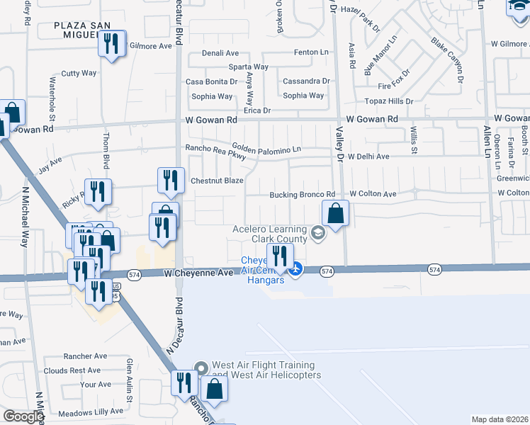 map of restaurants, bars, coffee shops, grocery stores, and more near 3330 Flying Colt Court in North Las Vegas