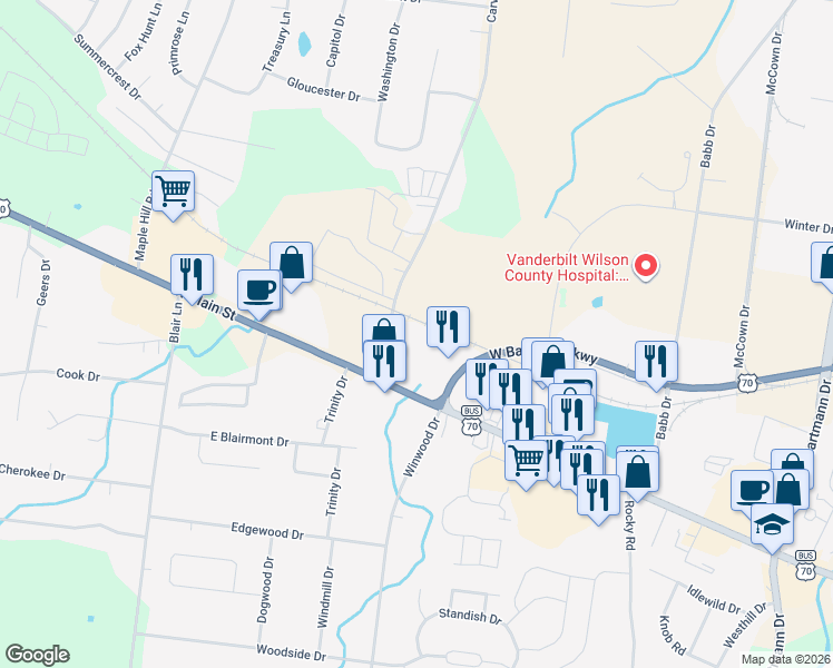 map of restaurants, bars, coffee shops, grocery stores, and more near 107 Carver Lane in Lebanon