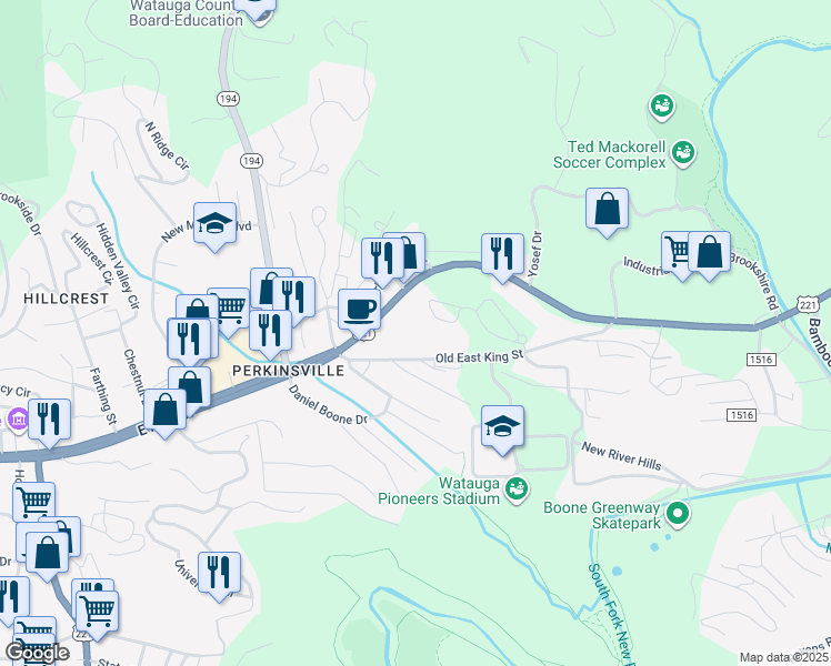map of restaurants, bars, coffee shops, grocery stores, and more near 257 Old East King Street in Boone