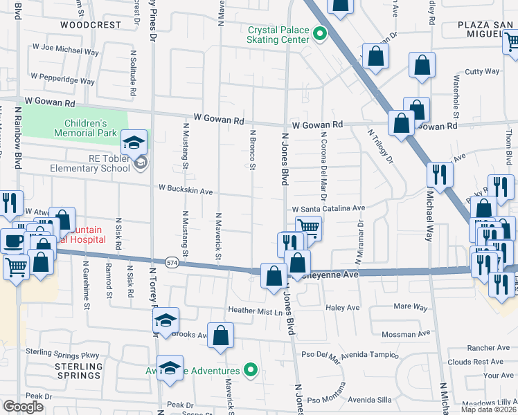map of restaurants, bars, coffee shops, grocery stores, and more near 3370 North Bronco Street in Las Vegas