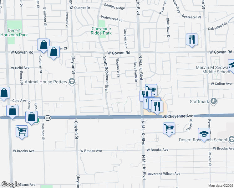 map of restaurants, bars, coffee shops, grocery stores, and more near 3326 Shonna Way in North Las Vegas