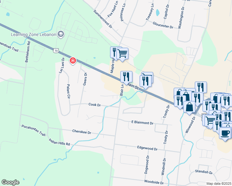 map of restaurants, bars, coffee shops, grocery stores, and more near 1703 Monument Lane in Lebanon
