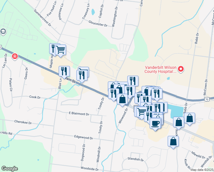 map of restaurants, bars, coffee shops, grocery stores, and more near 106 Carver Lane in Lebanon