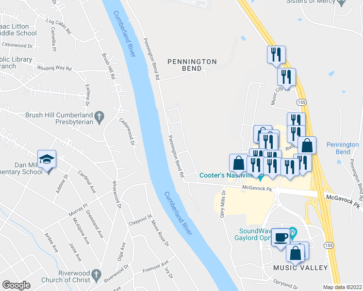 map of restaurants, bars, coffee shops, grocery stores, and more near 2415 McGavock Pike in Nashville