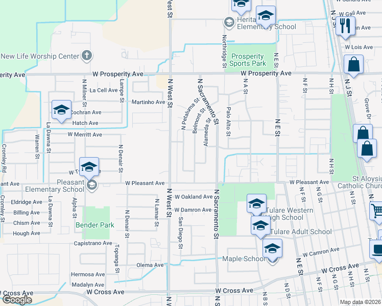 map of restaurants, bars, coffee shops, grocery stores, and more near 892 North Petaluma Street in Tulare
