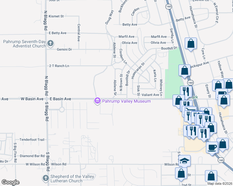 map of restaurants, bars, coffee shops, grocery stores, and more near 780 East Valiant Avenue in Pahrump