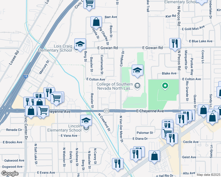 map of restaurants, bars, coffee shops, grocery stores, and more near 2860 East Cheyenne Avenue in North Las Vegas