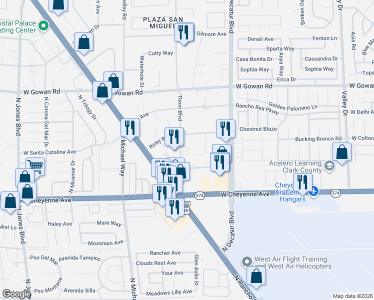 map of restaurants, bars, coffee shops, grocery stores, and more near 3377 Thom Boulevard in Las Vegas