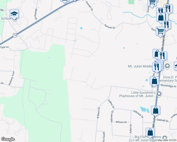 map of restaurants, bars, coffee shops, grocery stores, and more near 150 Falkner Lane in Mt. Juliet
