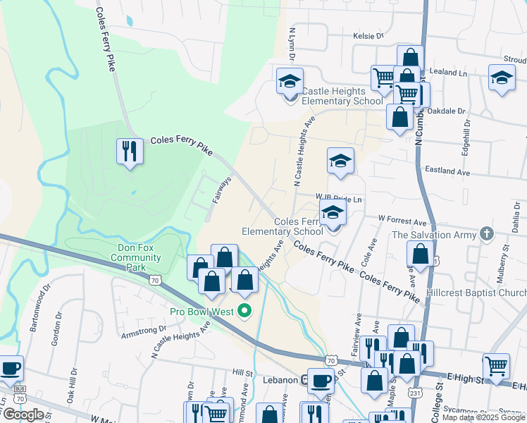 map of restaurants, bars, coffee shops, grocery stores, and more near 103 Creekside Village Court in Lebanon