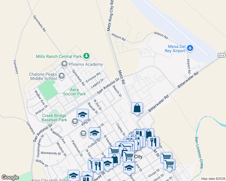 map of restaurants, bars, coffee shops, grocery stores, and more near in King City