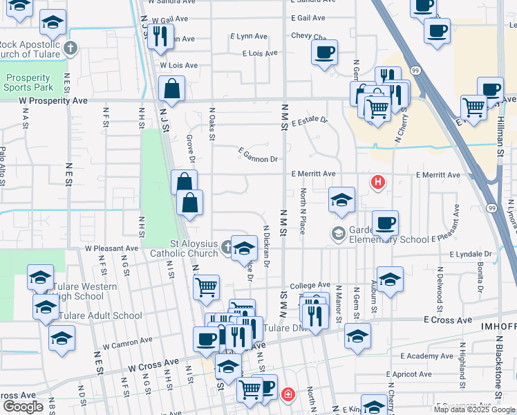 map of restaurants, bars, coffee shops, grocery stores, and more near 840 N Dickran Dr in Tulare