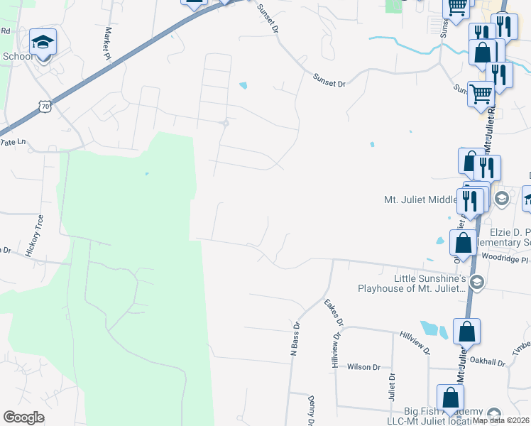 map of restaurants, bars, coffee shops, grocery stores, and more near 150 Falkner Lane in Mt. Juliet
