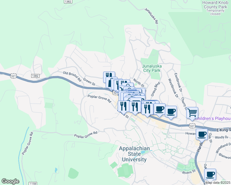 map of restaurants, bars, coffee shops, grocery stores, and more near in Boone