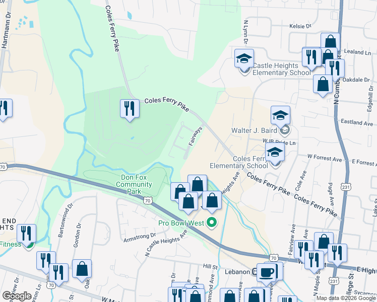 map of restaurants, bars, coffee shops, grocery stores, and more near 1165 Fairways in Lebanon