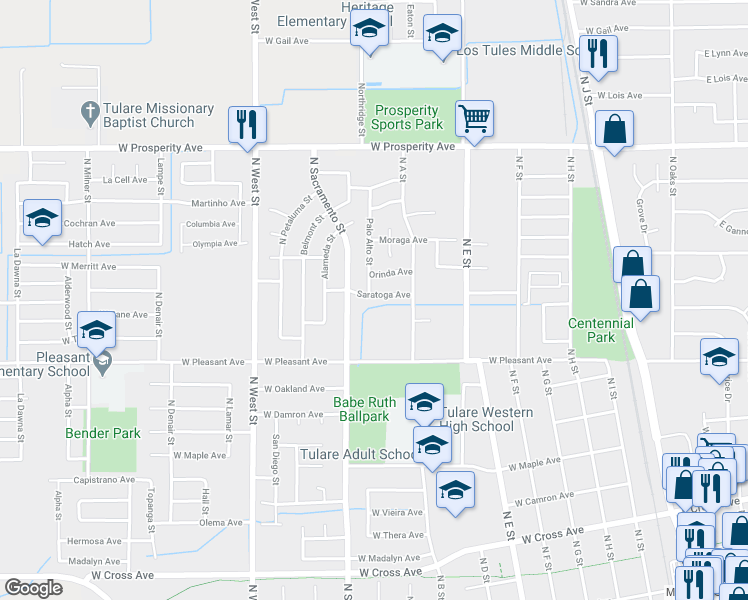 map of restaurants, bars, coffee shops, grocery stores, and more near 897 Saratoga Avenue in Tulare
