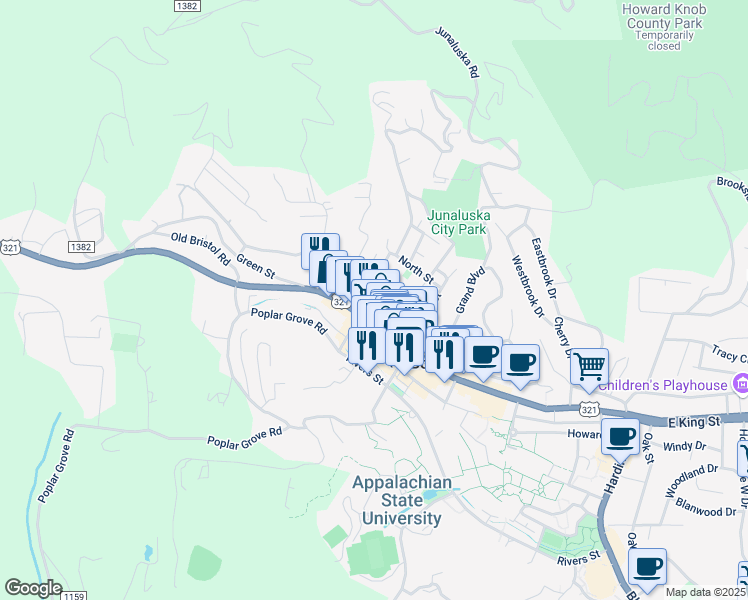 map of restaurants, bars, coffee shops, grocery stores, and more near 136 North Water Street in Boone