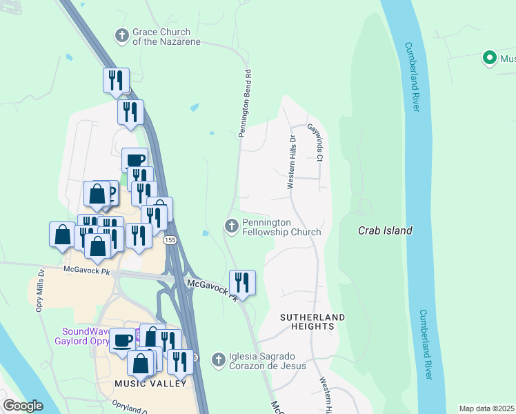 map of restaurants, bars, coffee shops, grocery stores, and more near 2733 Pennington Bend Road in Nashville