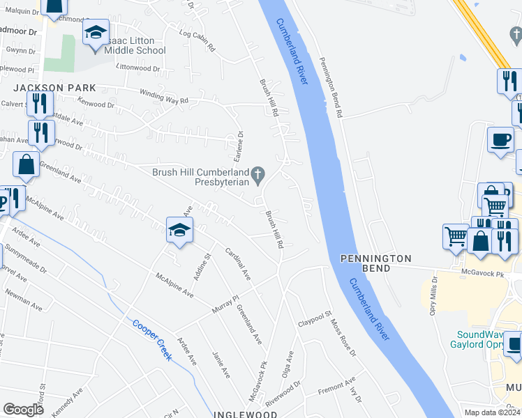 map of restaurants, bars, coffee shops, grocery stores, and more near 3631 Brush Hill Road in Nashville