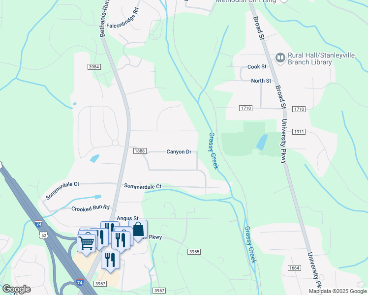 map of restaurants, bars, coffee shops, grocery stores, and more near 1075 Canyon Drive in Rural Hall