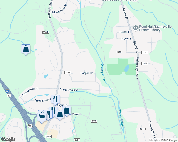 map of restaurants, bars, coffee shops, grocery stores, and more near 1075 Canyon Drive in Rural Hall