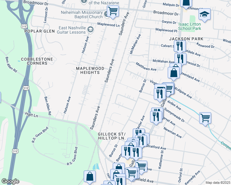 map of restaurants, bars, coffee shops, grocery stores, and more near 1026B Horseshoe Drive in Nashville