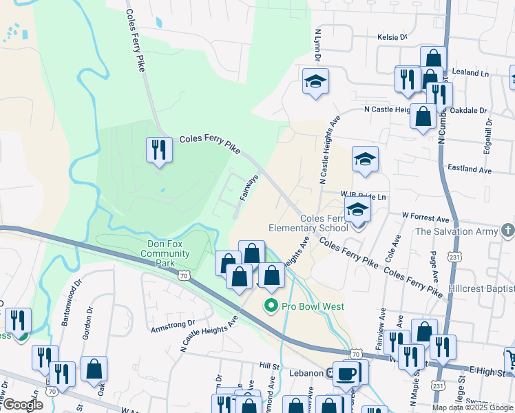 map of restaurants, bars, coffee shops, grocery stores, and more near 900 Coles Ferry Pike in Lebanon