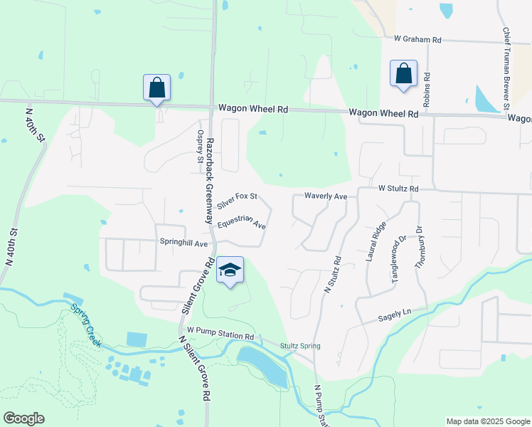 map of restaurants, bars, coffee shops, grocery stores, and more near 3876 Silver Fox Street in Springdale