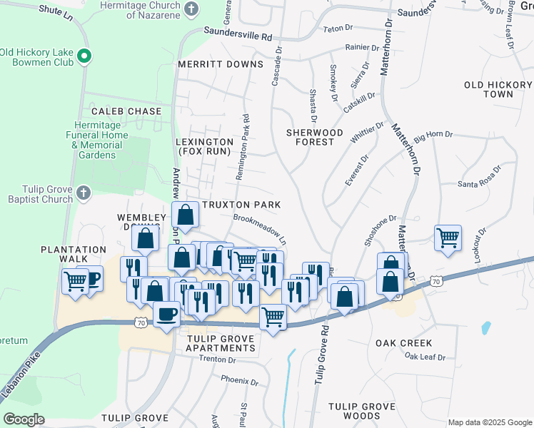 map of restaurants, bars, coffee shops, grocery stores, and more near 2240 Crescent Valley Lane in Nashville