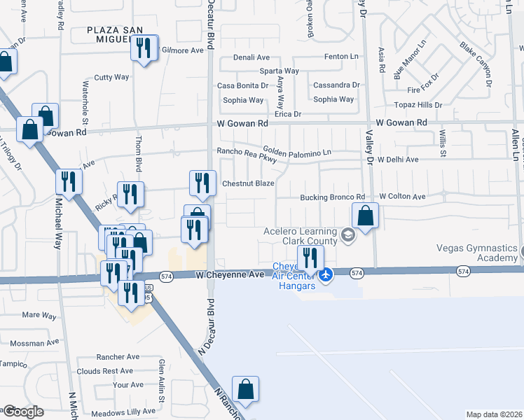 map of restaurants, bars, coffee shops, grocery stores, and more near 3327 Strawberry Roan Road in North Las Vegas