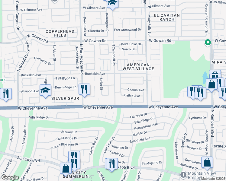 map of restaurants, bars, coffee shops, grocery stores, and more near 3301 North Campbell Road in Las Vegas