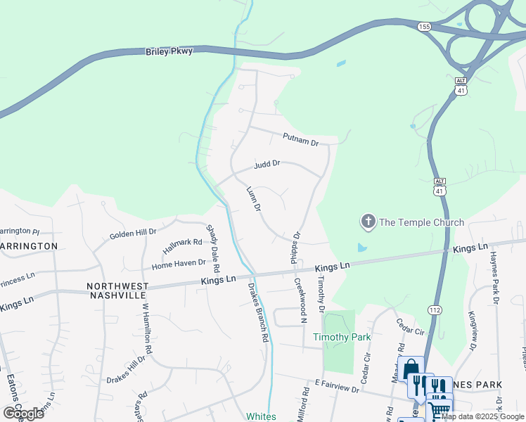 map of restaurants, bars, coffee shops, grocery stores, and more near 3836 Lunn Drive in Nashville
