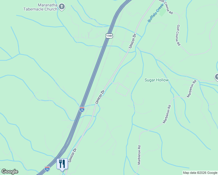 map of restaurants, bars, coffee shops, grocery stores, and more near 112 Sugar Hollow Road in Unicoi