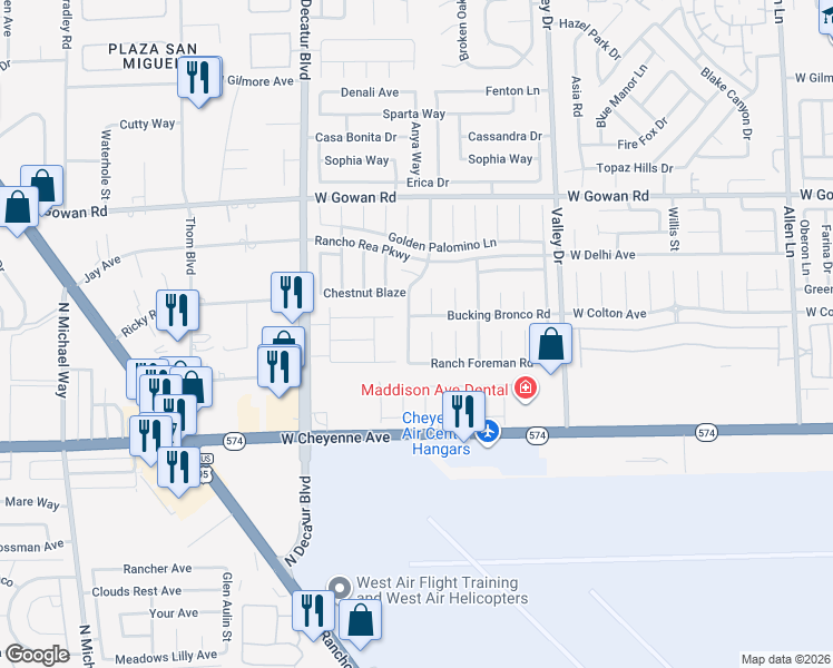 map of restaurants, bars, coffee shops, grocery stores, and more near 3340 Strawberry Roan Road in North Las Vegas