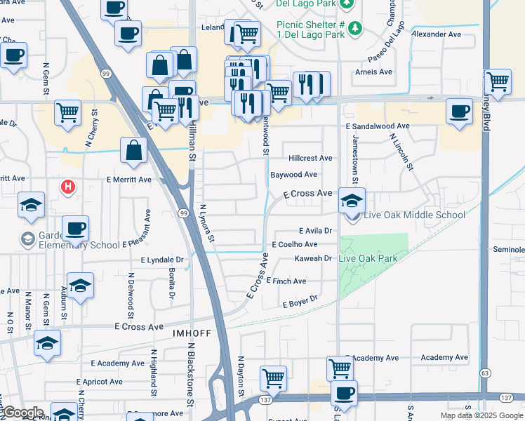 map of restaurants, bars, coffee shops, grocery stores, and more near 1392 East Ben Franklin Avenue in Tulare