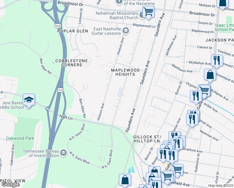 map of restaurants, bars, coffee shops, grocery stores, and more near 3848 Edwards Ave in Nashville