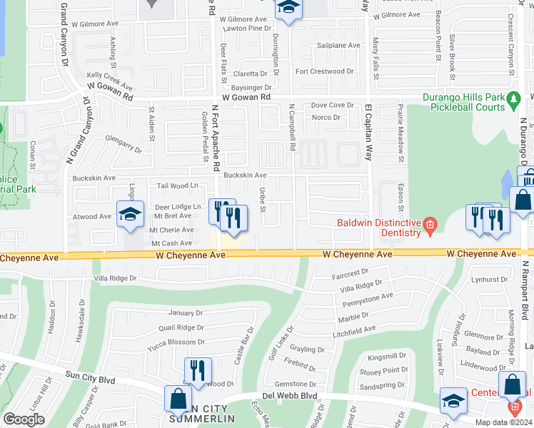 map of restaurants, bars, coffee shops, grocery stores, and more near 3300 Uribe Street in Las Vegas