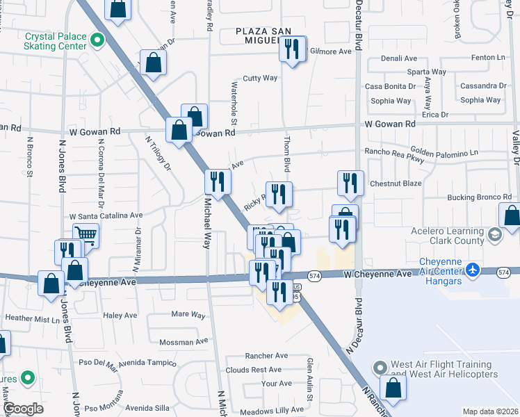 map of restaurants, bars, coffee shops, grocery stores, and more near 5300 Ricky Road in Las Vegas