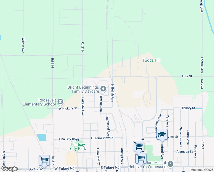 map of restaurants, bars, coffee shops, grocery stores, and more near 1273 Homassel Ave in Lindsay