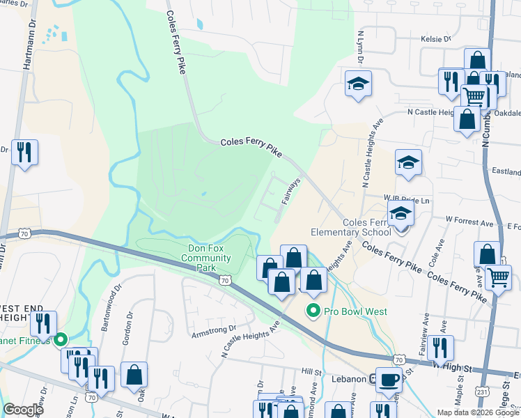 map of restaurants, bars, coffee shops, grocery stores, and more near 1138 Fairways in Lebanon