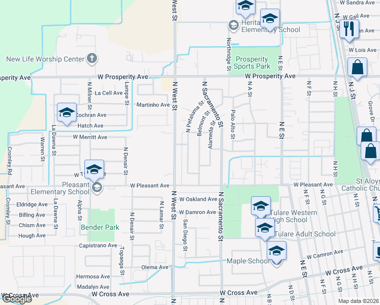 map of restaurants, bars, coffee shops, grocery stores, and more near 892 N Petaluma St in Tulare