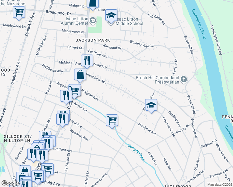 map of restaurants, bars, coffee shops, grocery stores, and more near 1150 Greenland Avenue in Nashville